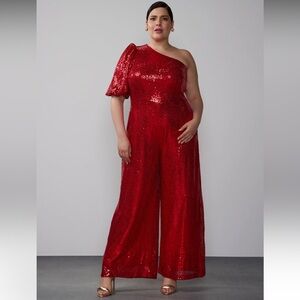 LIKE NEW NY&Co Plus One Shoulder Sequin Jumpsuit-Red 3x